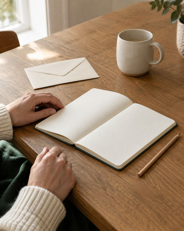 A blank journal, pencil and envelope for a weekly money check-in