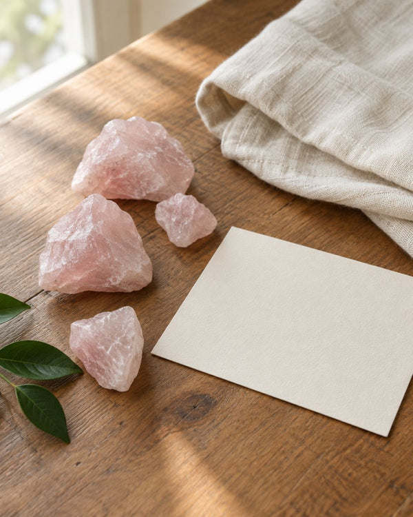 Loose pink quartz stones beside a blank personal-intention card