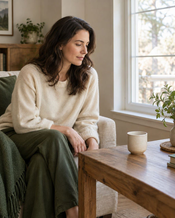 An open-eyed pause beside a window with a ceramic cup as an attention anchor