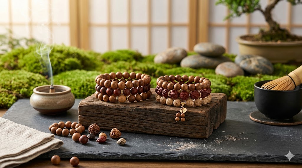 Stacks of handcrafted sandalwood and Bodhi seed meditation bracelets on a weathered dark wood block, set in a serene environment with an incense burner and moss, designed as a website hero banner.