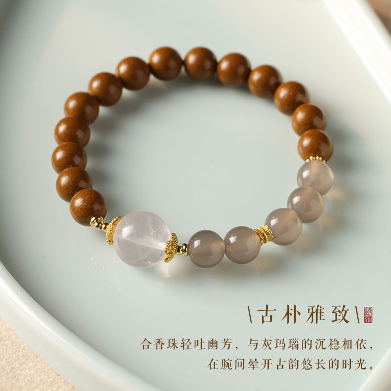 Gray Agate & Incense Bead Bracelet – Herbal Scented Calm with Rose Quartz Accents EclipticJew