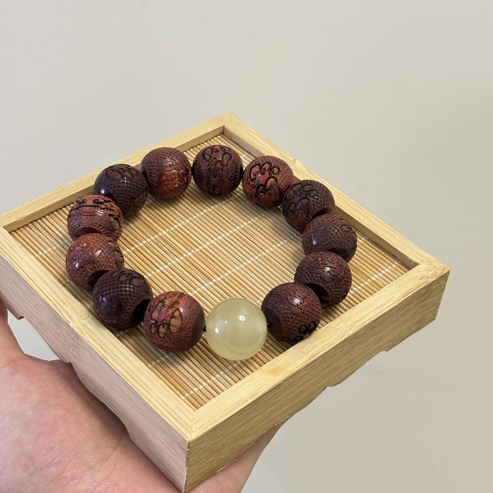 Carved Pixiu Rosewood Bracelet with Moonlight Stone | Wealth & Protection EclipticJew