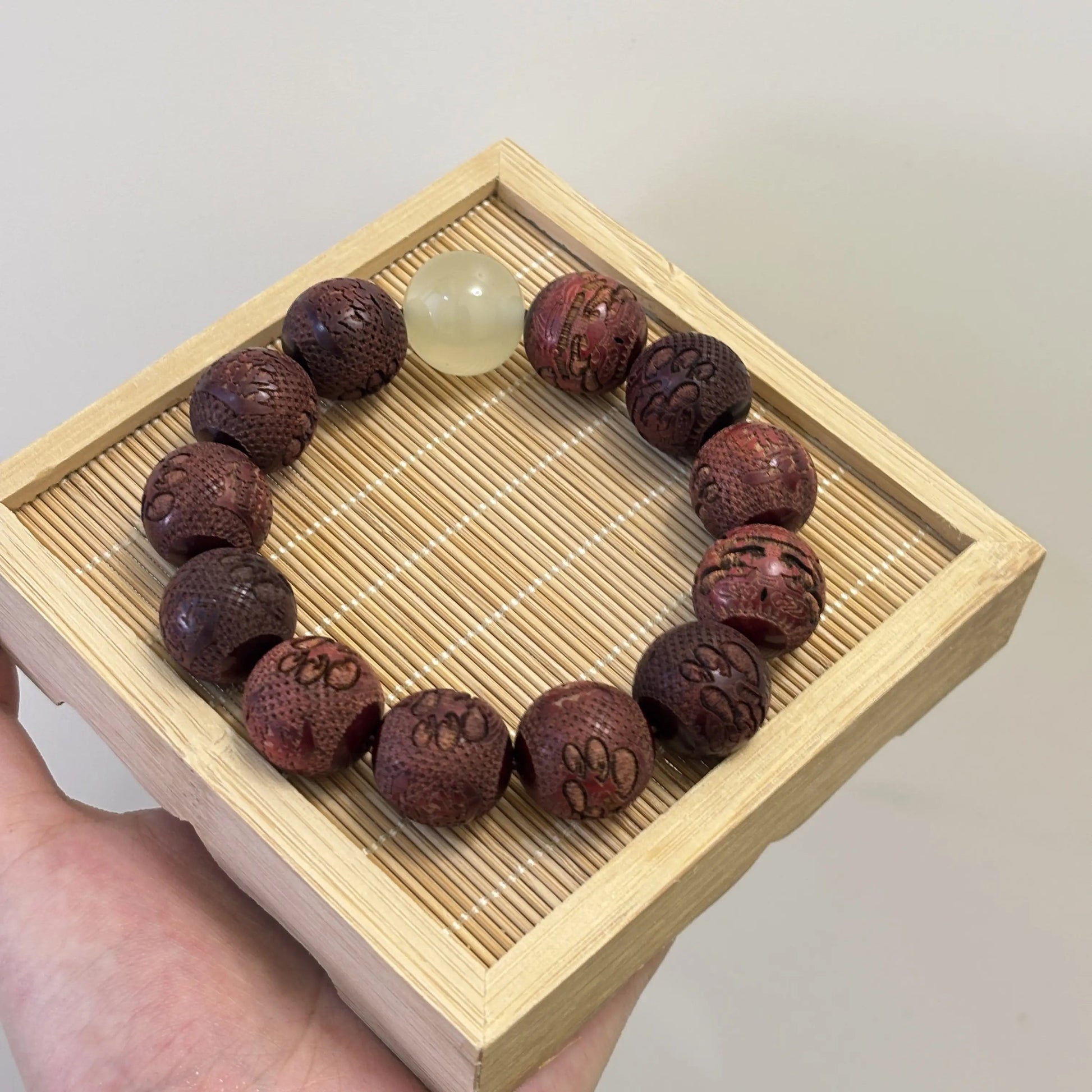 Carved Pixiu Rosewood Bracelet with Moonlight Stone | Wealth & Protection EclipticJew