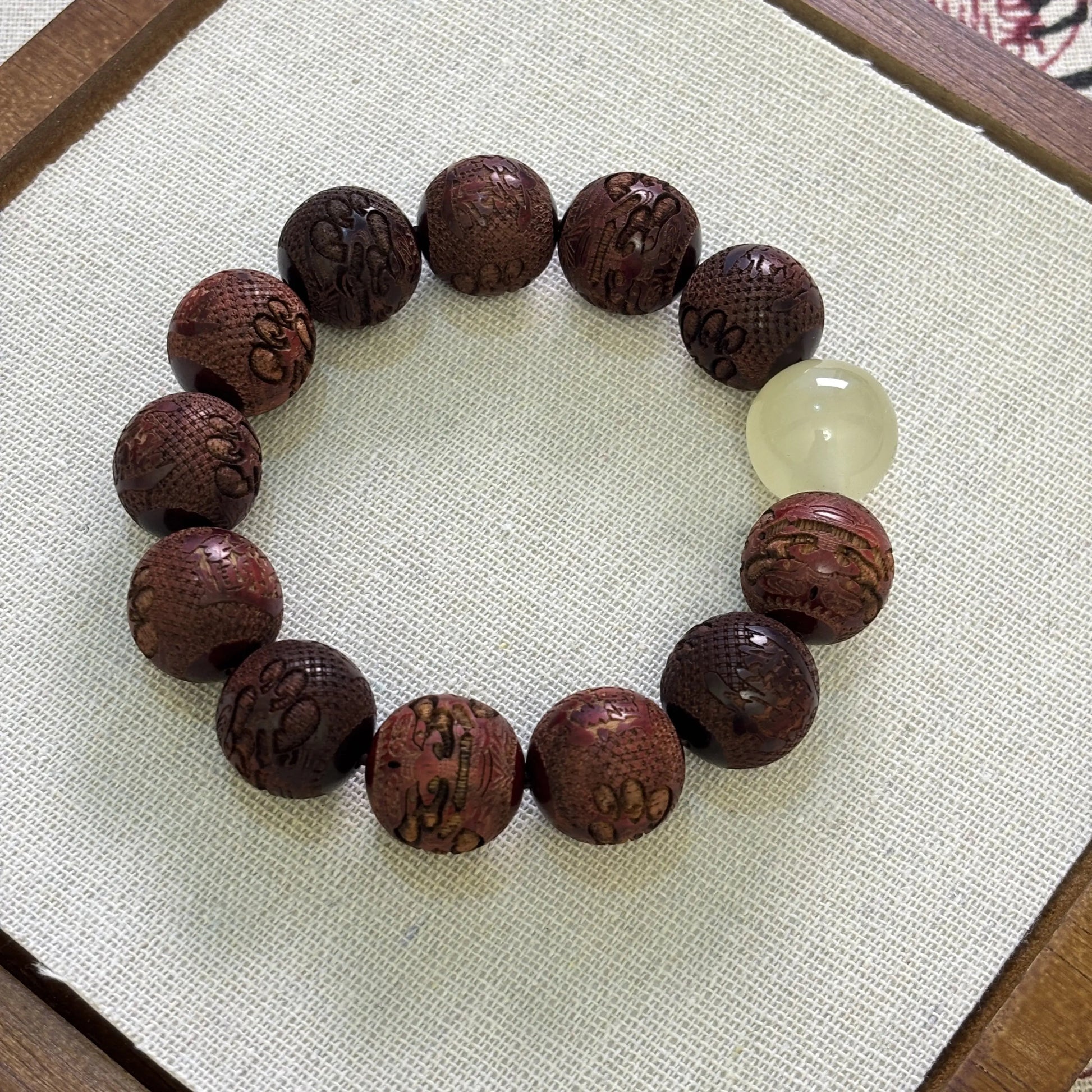 Carved Pixiu Rosewood Bracelet with Moonlight Stone | Wealth & Protection EclipticJew