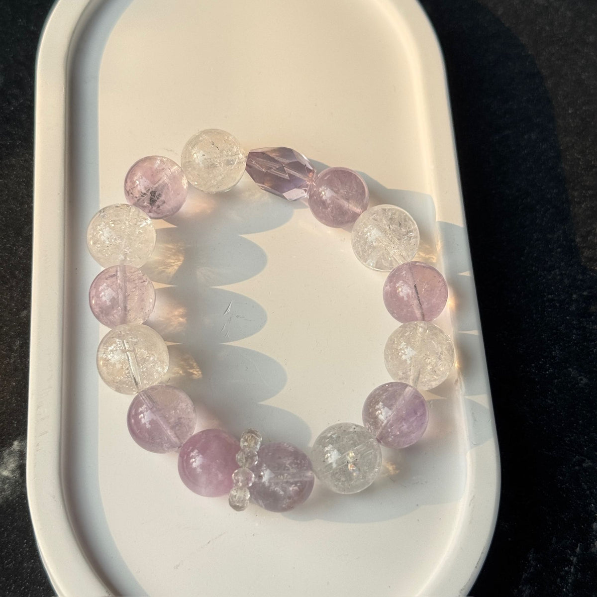 Amethyst & Clear Quartz Serenity Bracelet | Lavender Crystal Stack with Geometric Focal