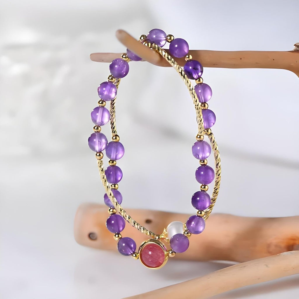 Amethyst With Pearl & Strawberry Quartz Double-Strand Energy Bracelet