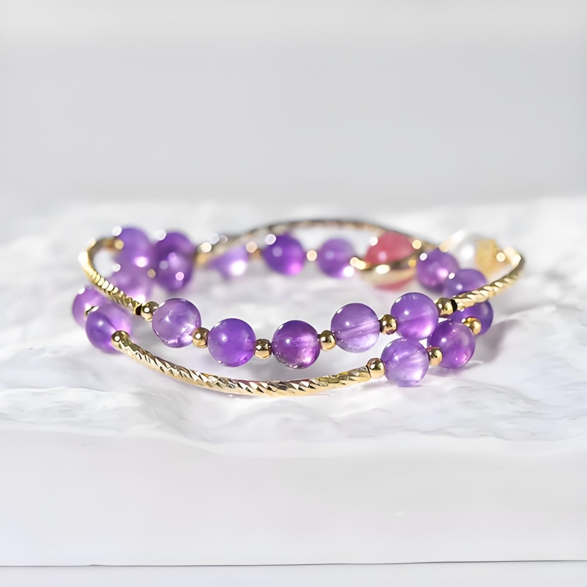 Amethyst With Pearl & Strawberry Quartz Double-Strand Energy Bracelet - EclipticJewamethystBraceletsnew