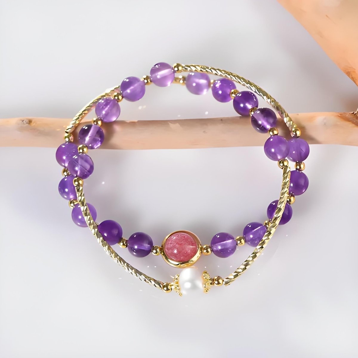 Amethyst With Pearl & Strawberry Quartz Double-Strand Energy Bracelet - EclipticJewamethystBraceletsnew