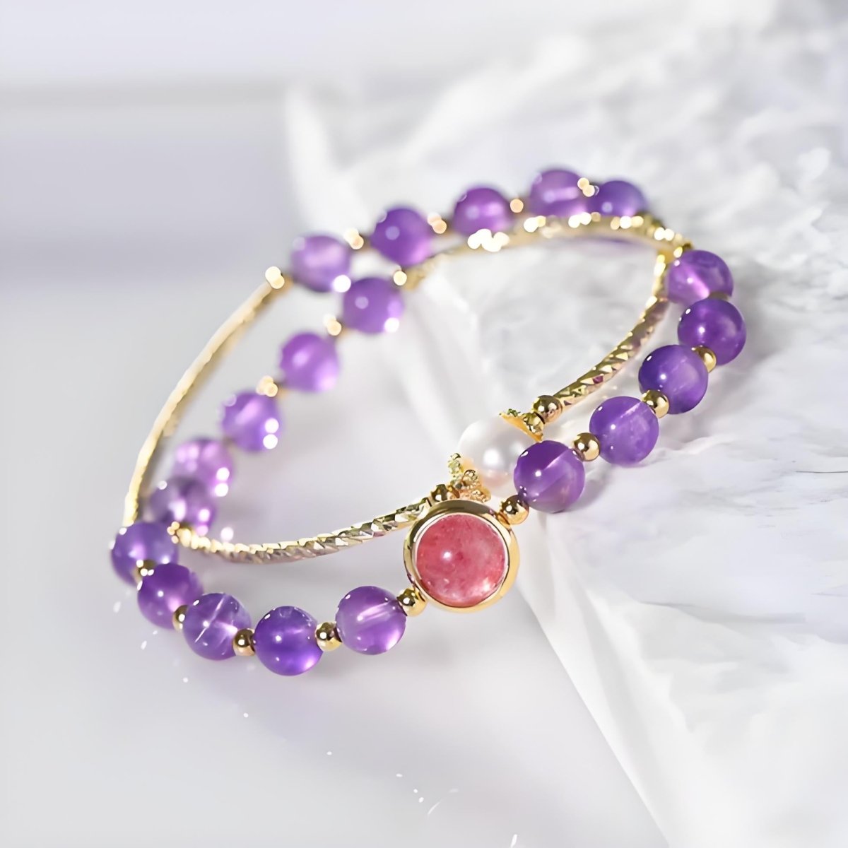 Amethyst With Pearl & Strawberry Quartz Double-Strand Energy Bracelet - EclipticJewamethystBraceletsnew