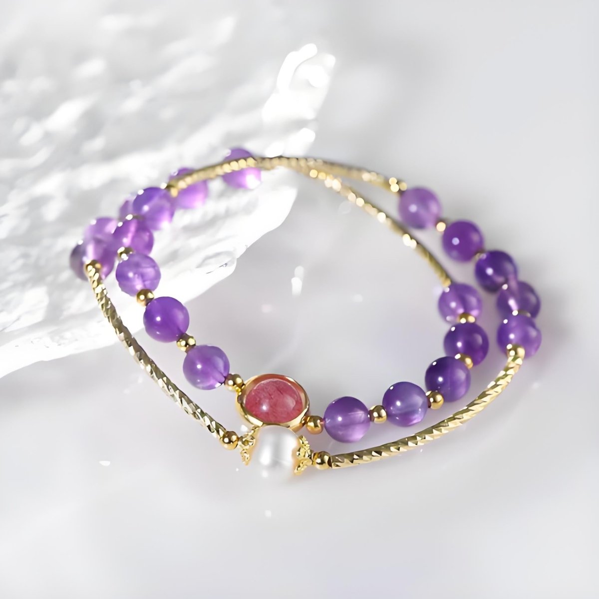 Amethyst With Pearl & Strawberry Quartz Double-Strand Energy Bracelet - EclipticJewamethystBraceletsnew