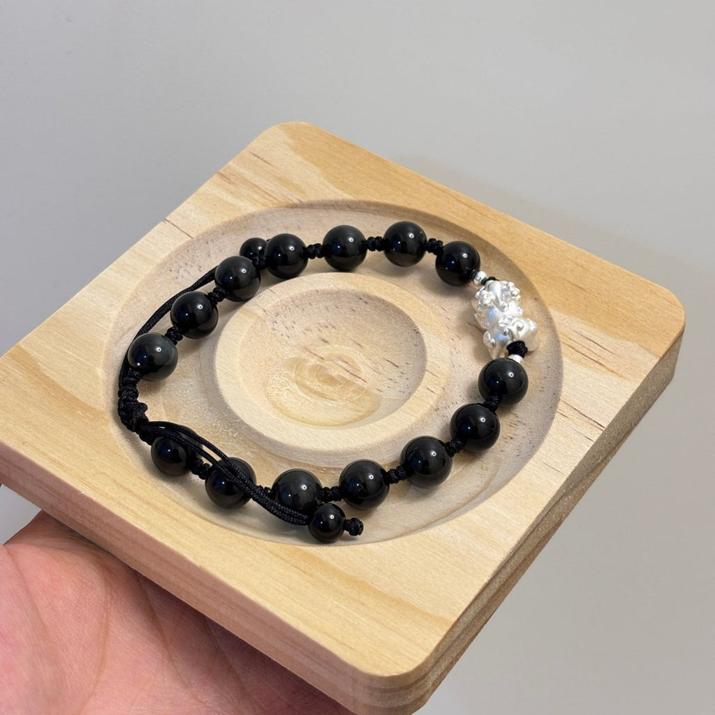 Black Obsidian Bracelet: Silver Pixiu Amulet, T - EclipticJew