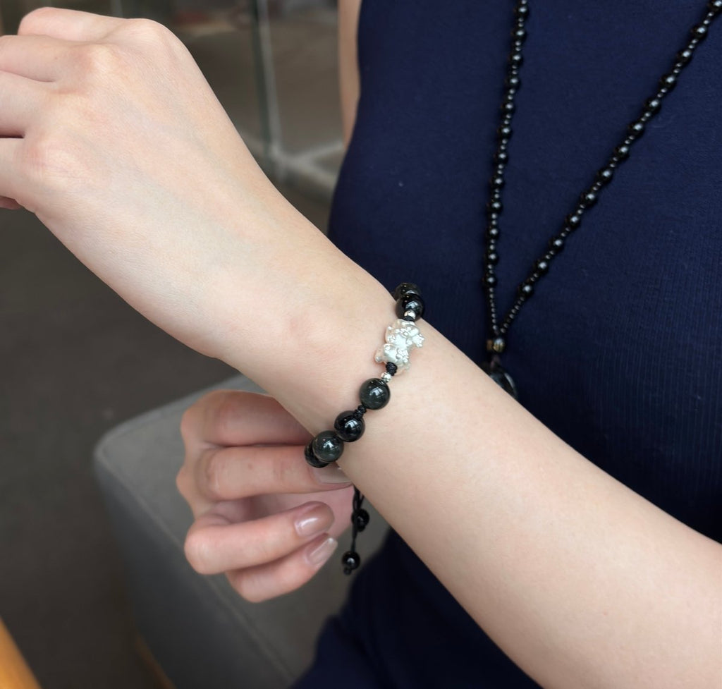 Black Obsidian Bracelet: Silver Pixiu Amulet, T - EclipticJew