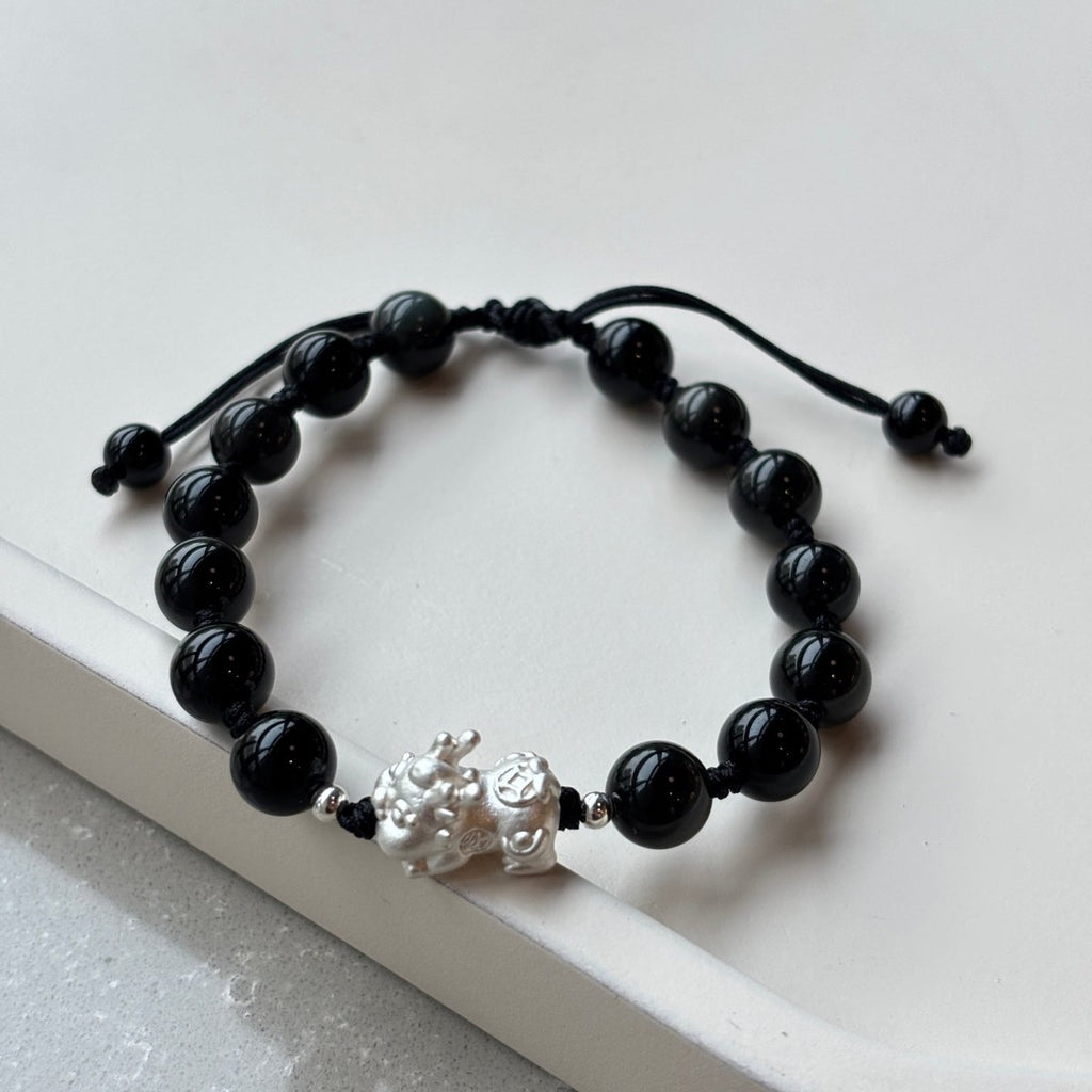 Black Obsidian Bracelet: Silver Pixiu Amulet, T - EclipticJew