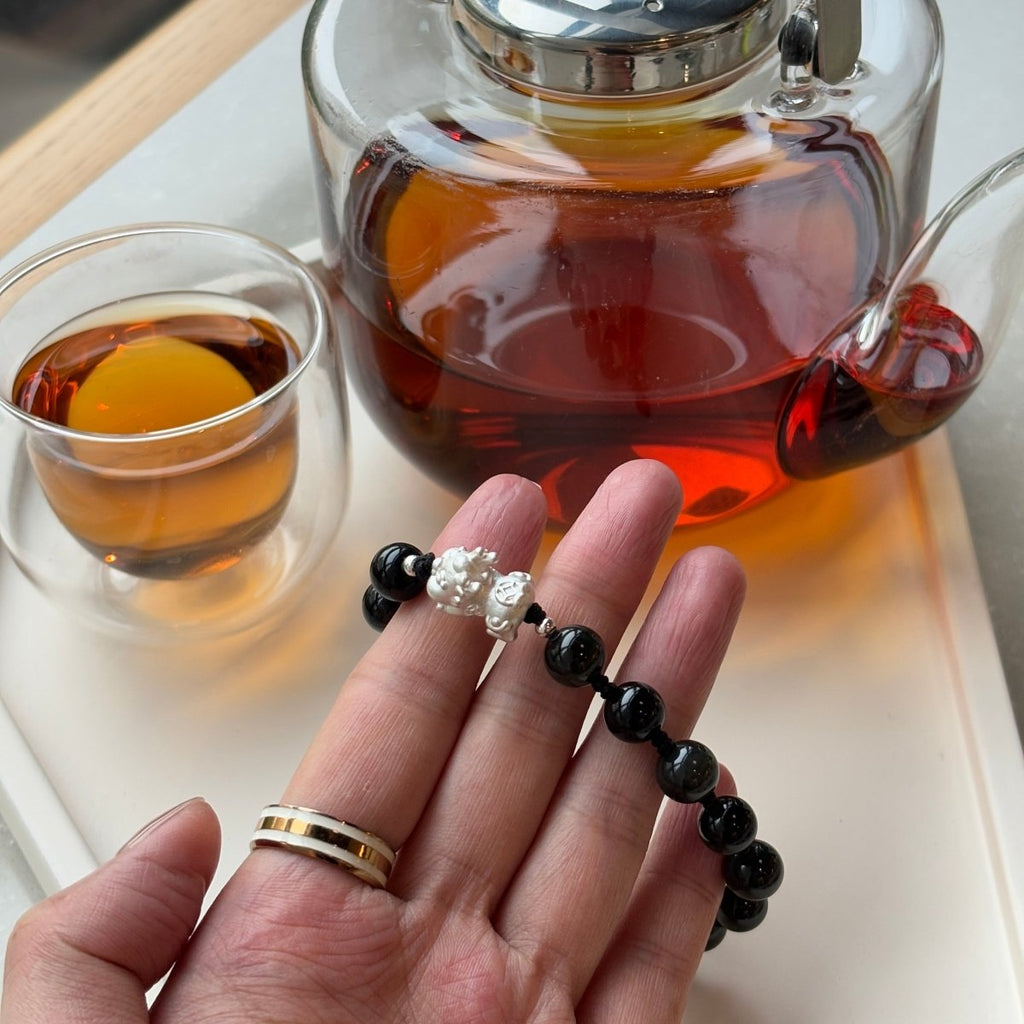 Black Obsidian Bracelet: Silver Pixiu Amulet, T - EclipticJew