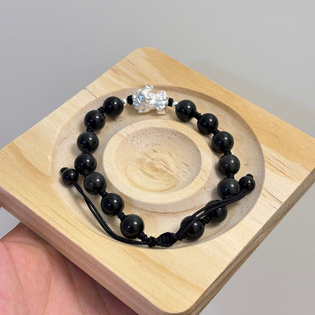 Black Obsidian Bracelet: Silver Pixiu Amulet, T - EclipticJew