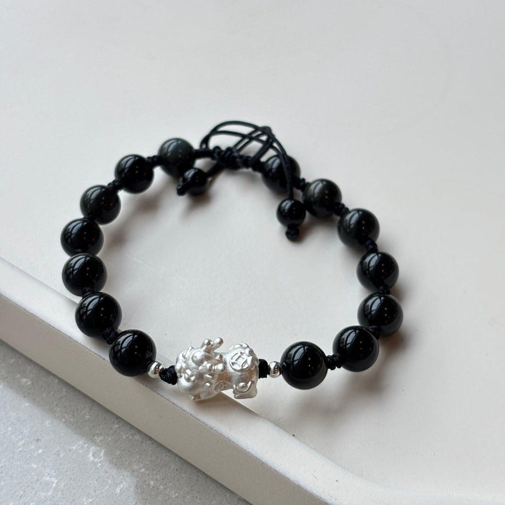Black Obsidian Bracelet: Silver Pixiu Amulet, T - EclipticJew