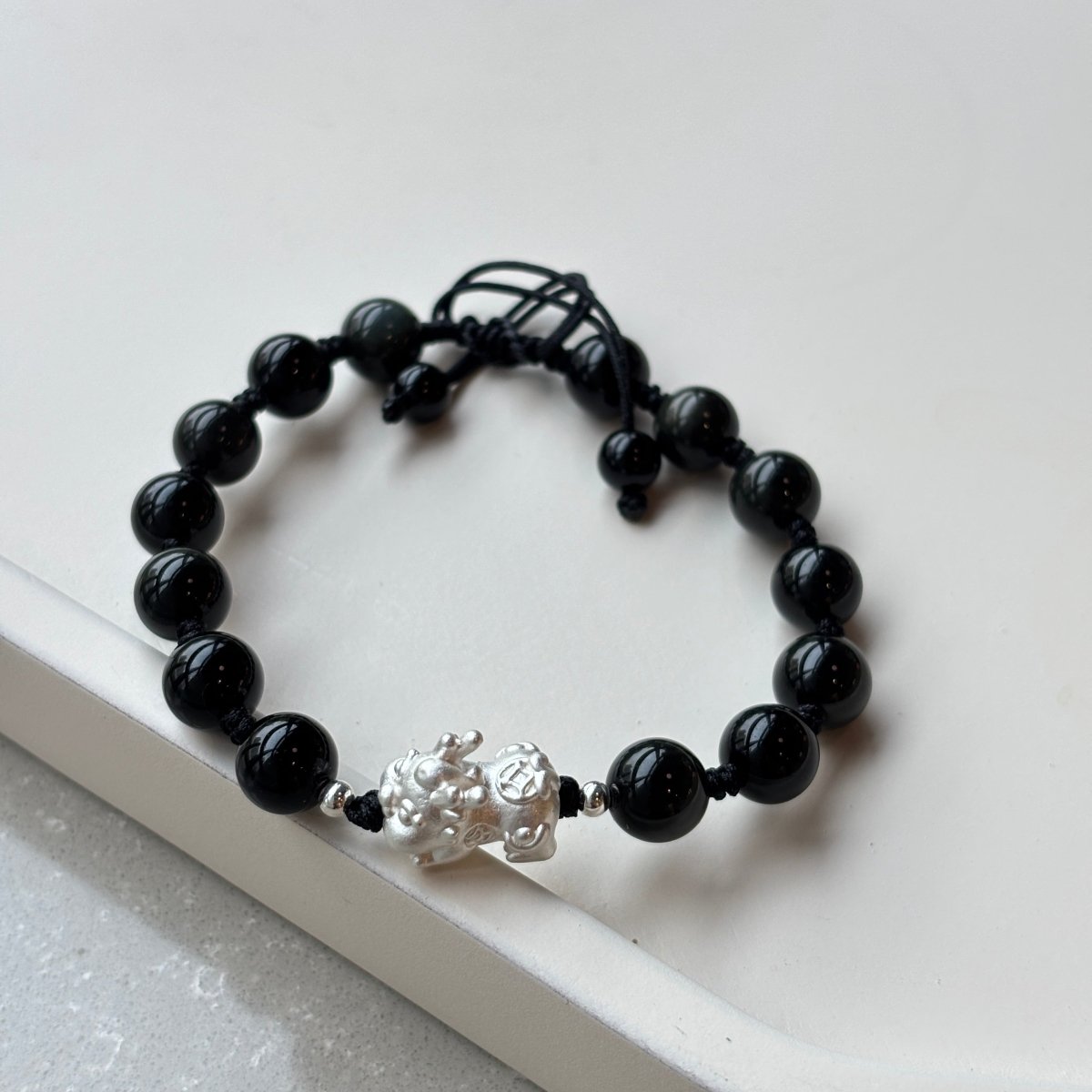 Black Obsidian Bracelet: Silver Pixiu Amulet, T - EclipticJew