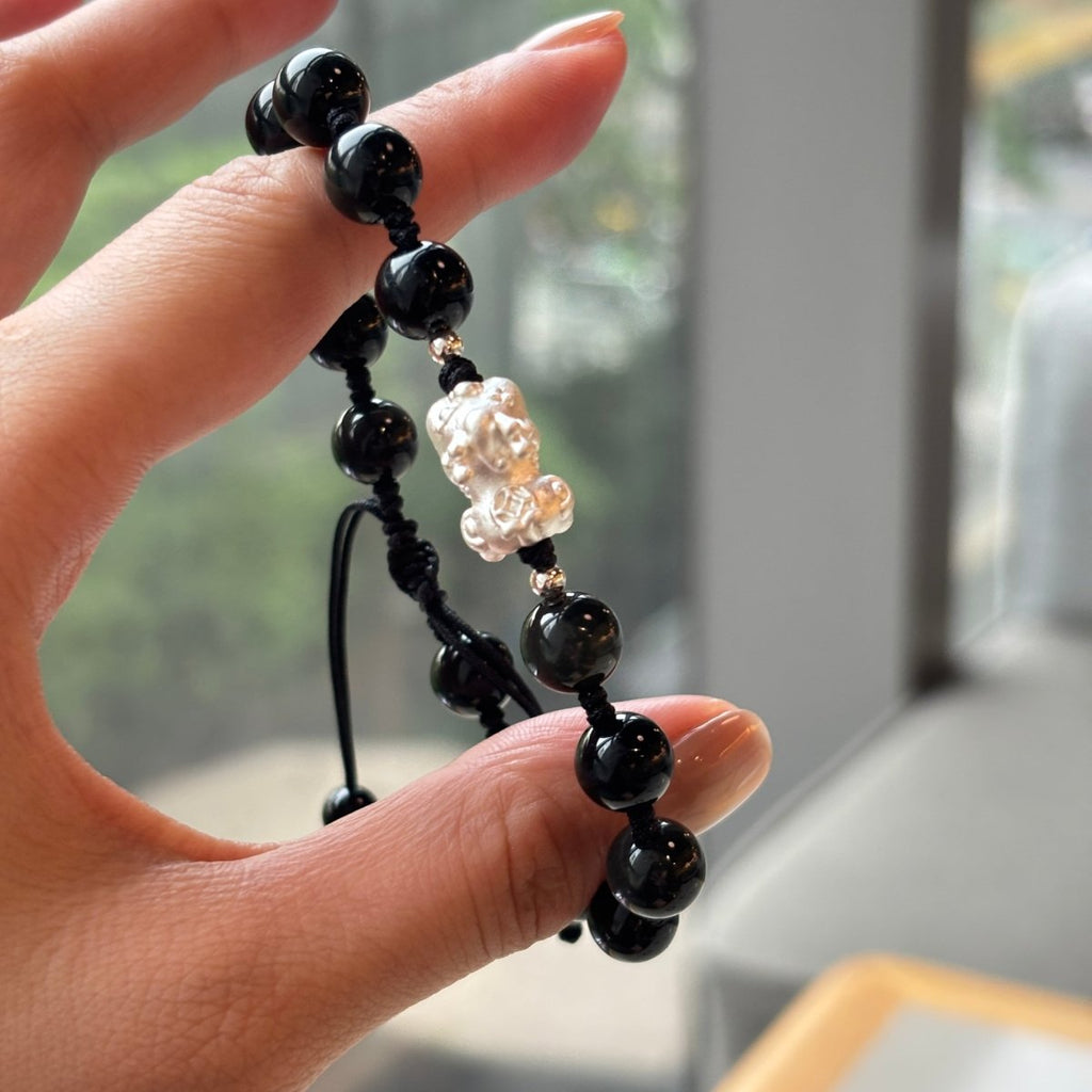 Black Obsidian Bracelet: Silver Pixiu Amulet, T - EclipticJew