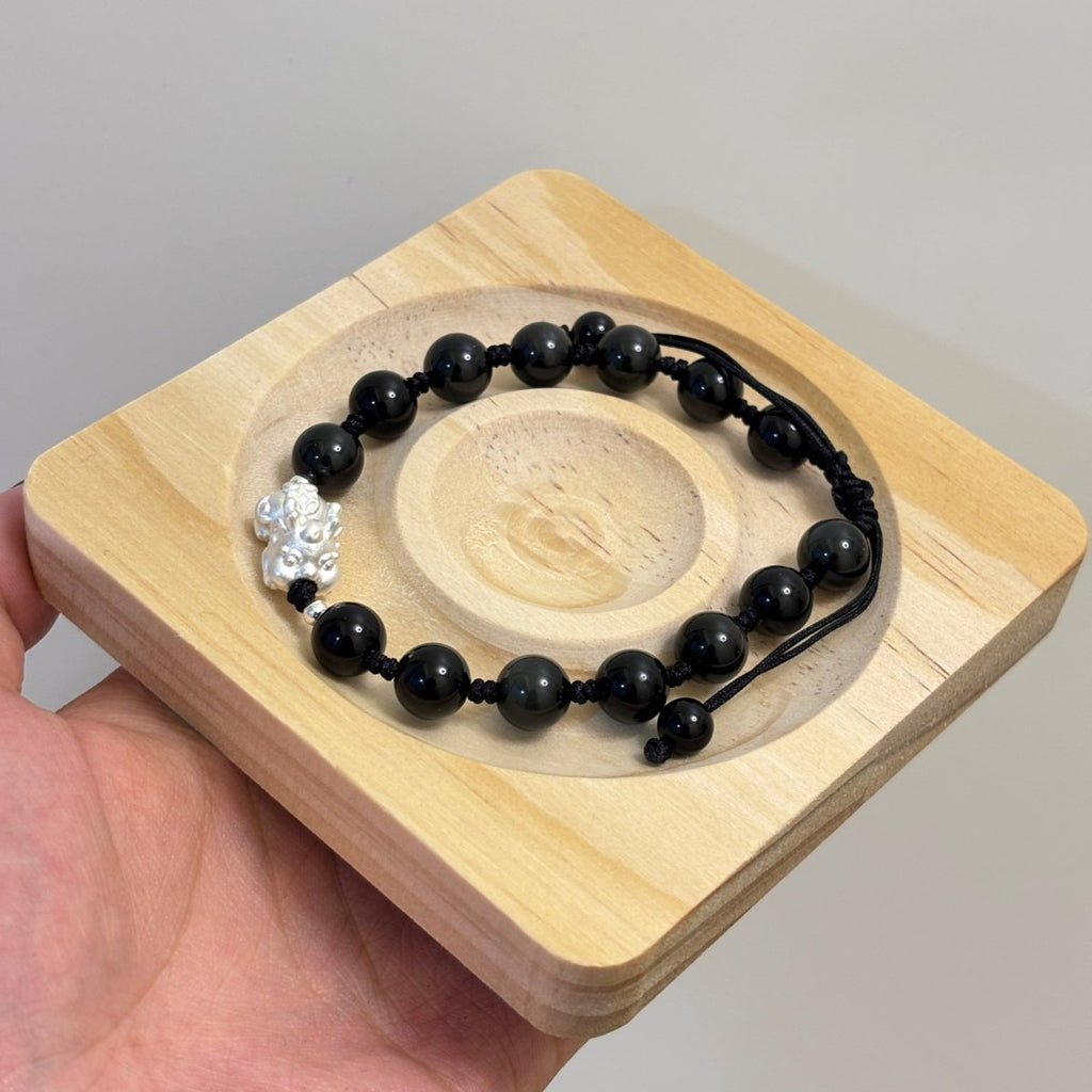 Black Obsidian Bracelet: Silver Pixiu Amulet, T - EclipticJew