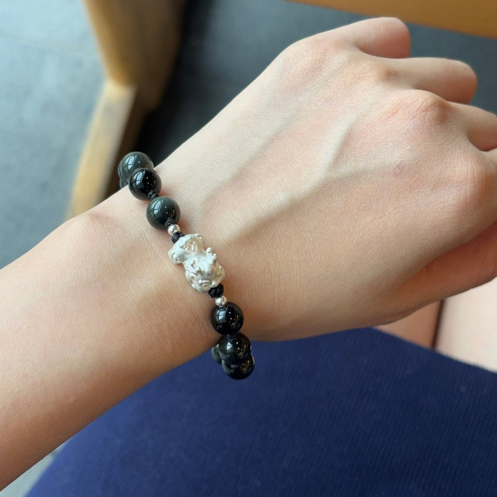 Black Obsidian Bracelet: Silver Pixiu Amulet, T - EclipticJew