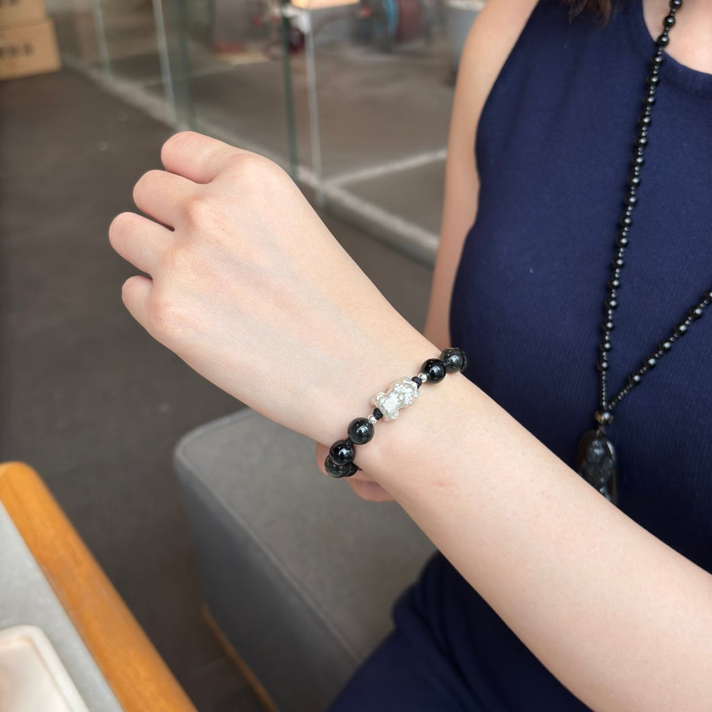Black Obsidian Bracelet: Silver Pixiu Amulet, T - EclipticJew
