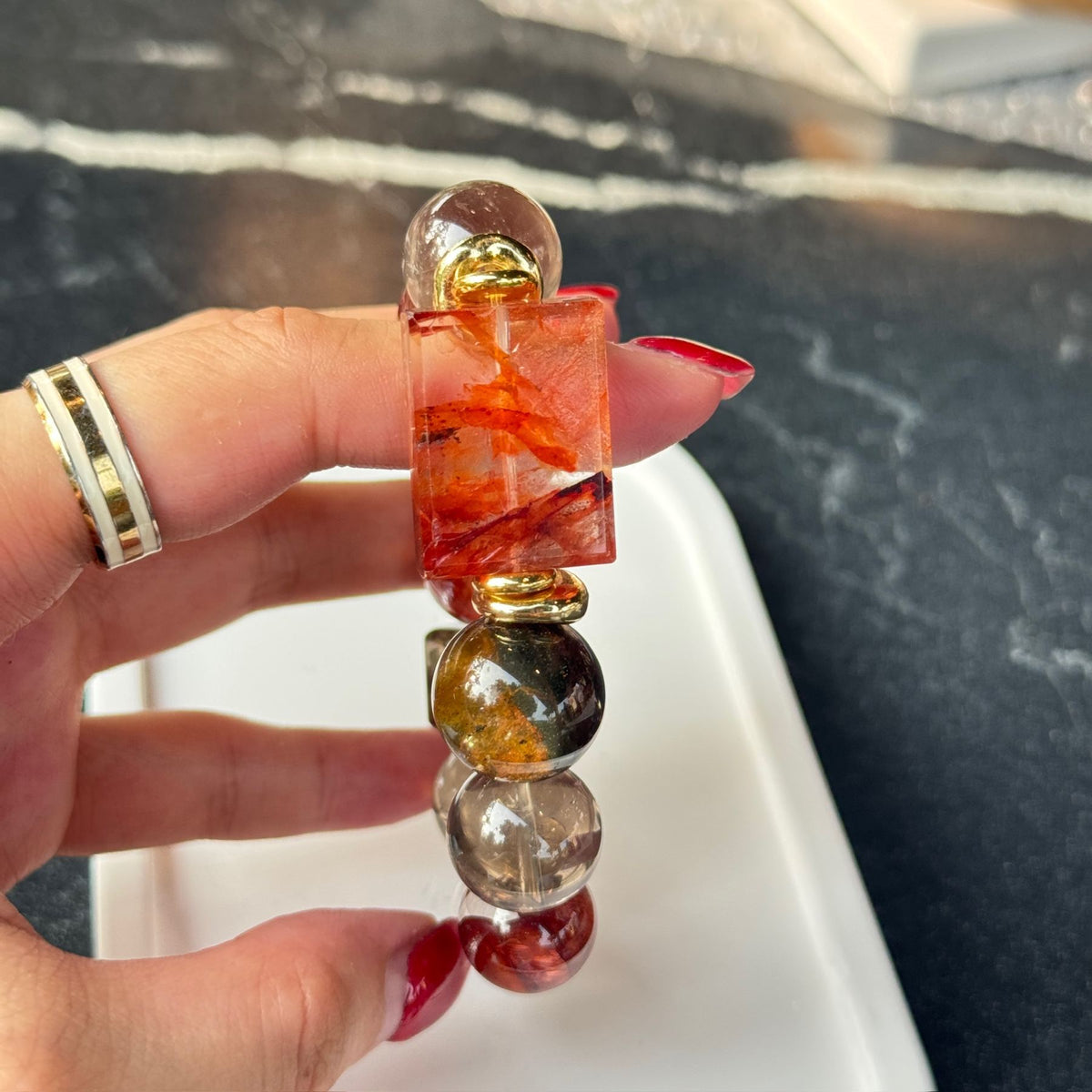 Blessed Red Fire Quartz & Smoky Quartz Bracelet | Wealth Slab & Grounding Ritual Amulet