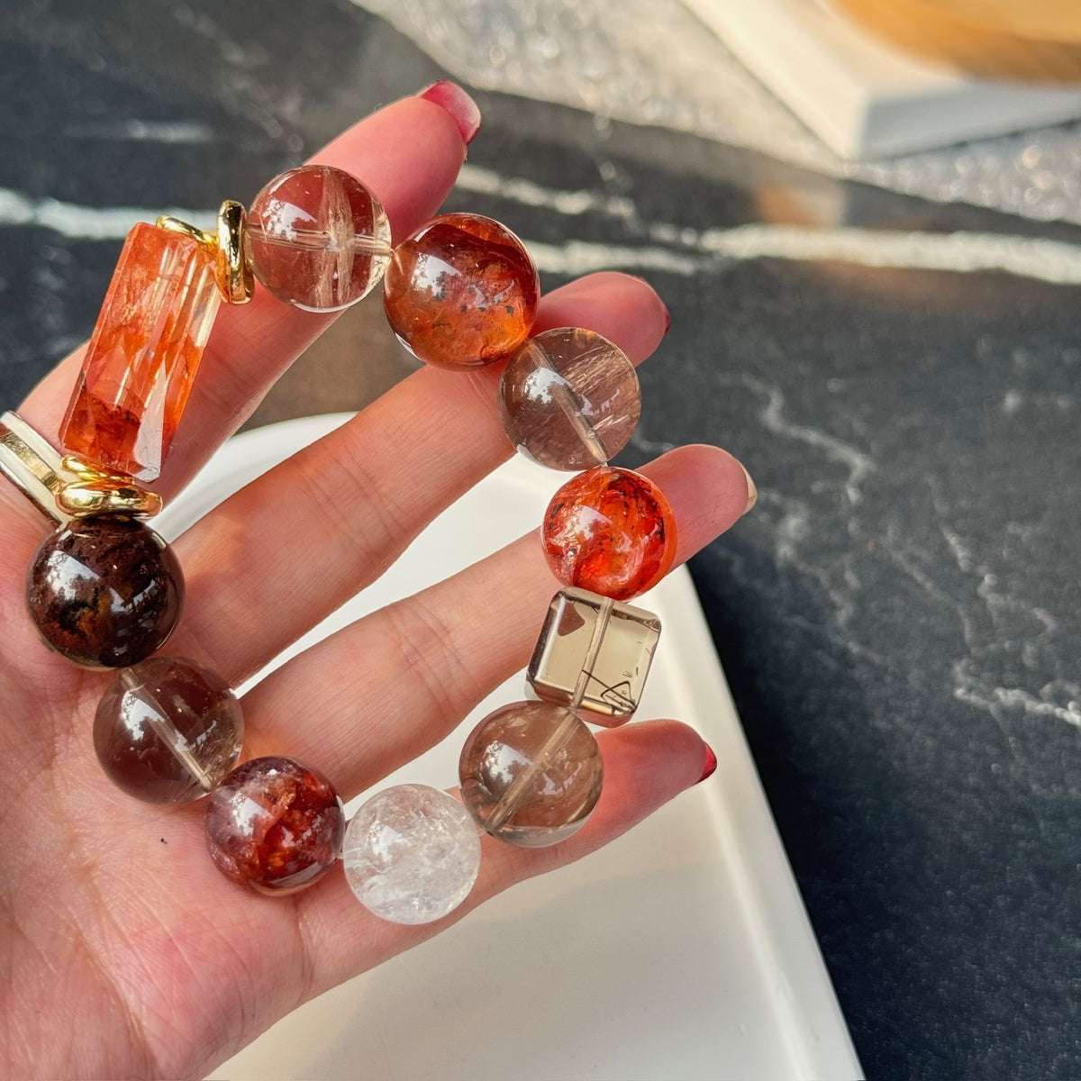 Blessed Red Fire Quartz & Smoky Quartz Bracelet | Wealth Slab & Grounding Ritual Amulet