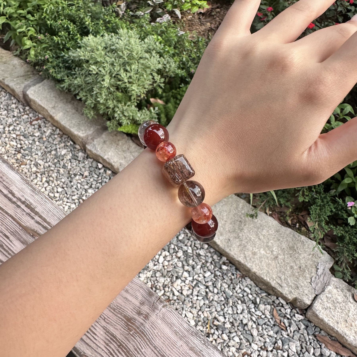 Blessed Red Fire Quartz & Smoky Quartz Bracelet | Wealth Slab & Grounding Ritual Amulet