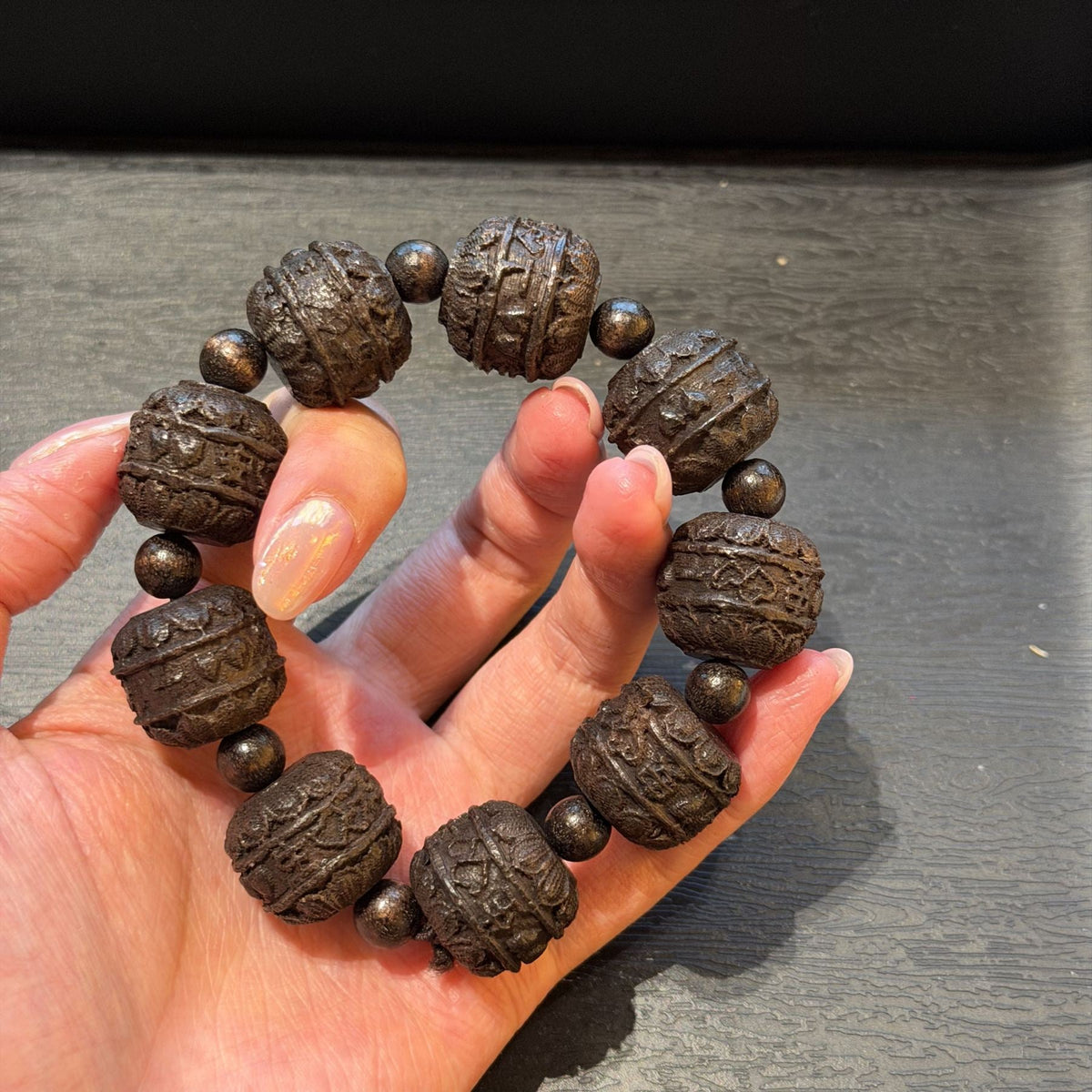 Carved Blackwood Mantra Bracelet, Safe Journey Amulet, Tibetan Wheel Prayer Beads, Spiritual Protection Jewelry, Men Gift