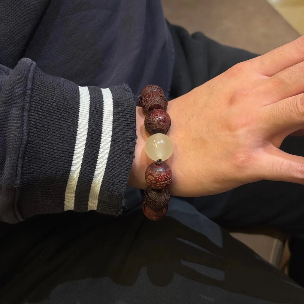 Carved Pixiu Rosewood Bracelet Moonlight Stone | Wealth & Protection - EclipticJew