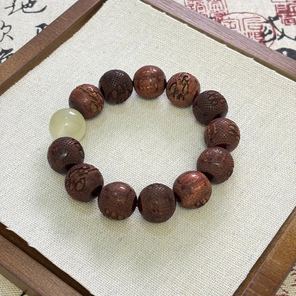 Carved Pixiu Rosewood Bracelet Moonlight Stone | Wealth & Protection - EclipticJew