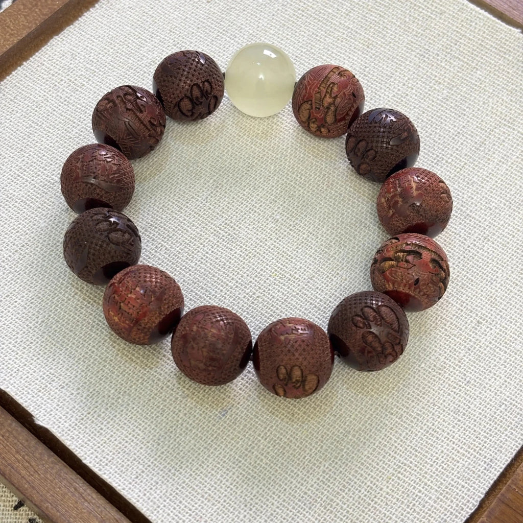 Carved Pixiu Rosewood Bracelet Moonlight Stone | Wealth & Protection - EclipticJew