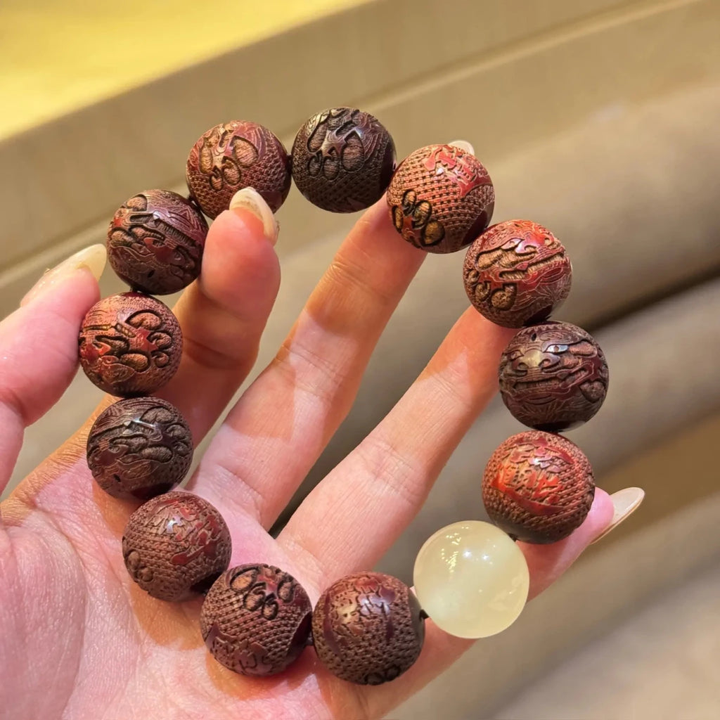 Carved Pixiu Rosewood Bracelet Moonlight Stone | Wealth & Protection