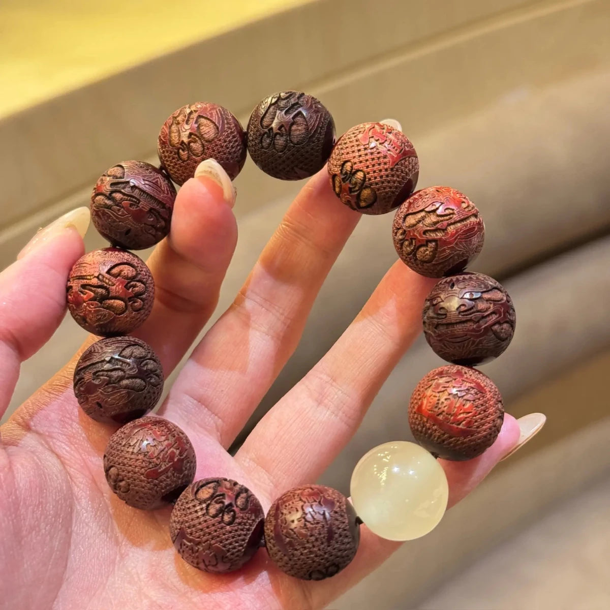 Carved Pixiu Rosewood Bracelet Moonlight Stone | Wealth & Protection - EclipticJew