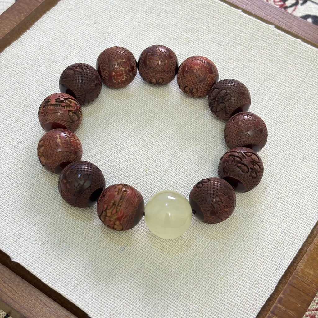 Carved Pixiu Rosewood Bracelet Moonlight Stone | Wealth & Protection - EclipticJew