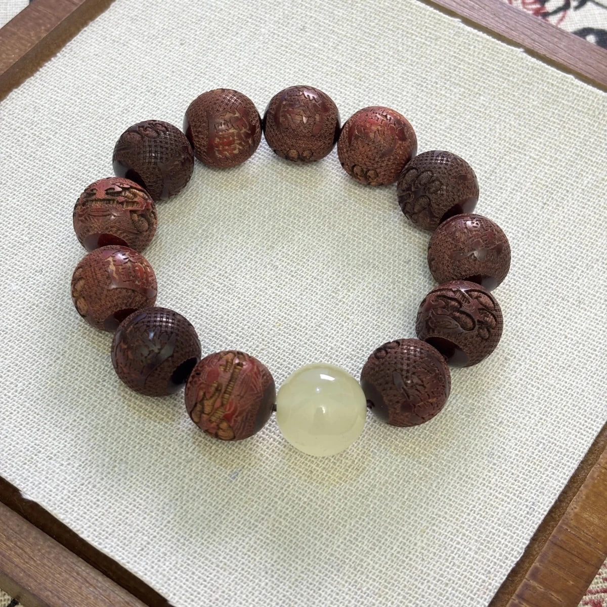 Carved Pixiu Rosewood Bracelet Moonlight Stone | Wealth & Protection - EclipticJew
