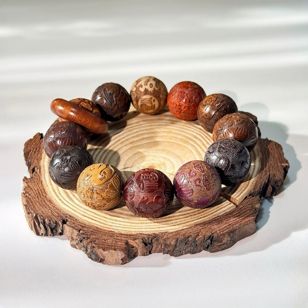 Celestial Five-Element Talisman Bracelet | Zodiac Carved Sandalwood