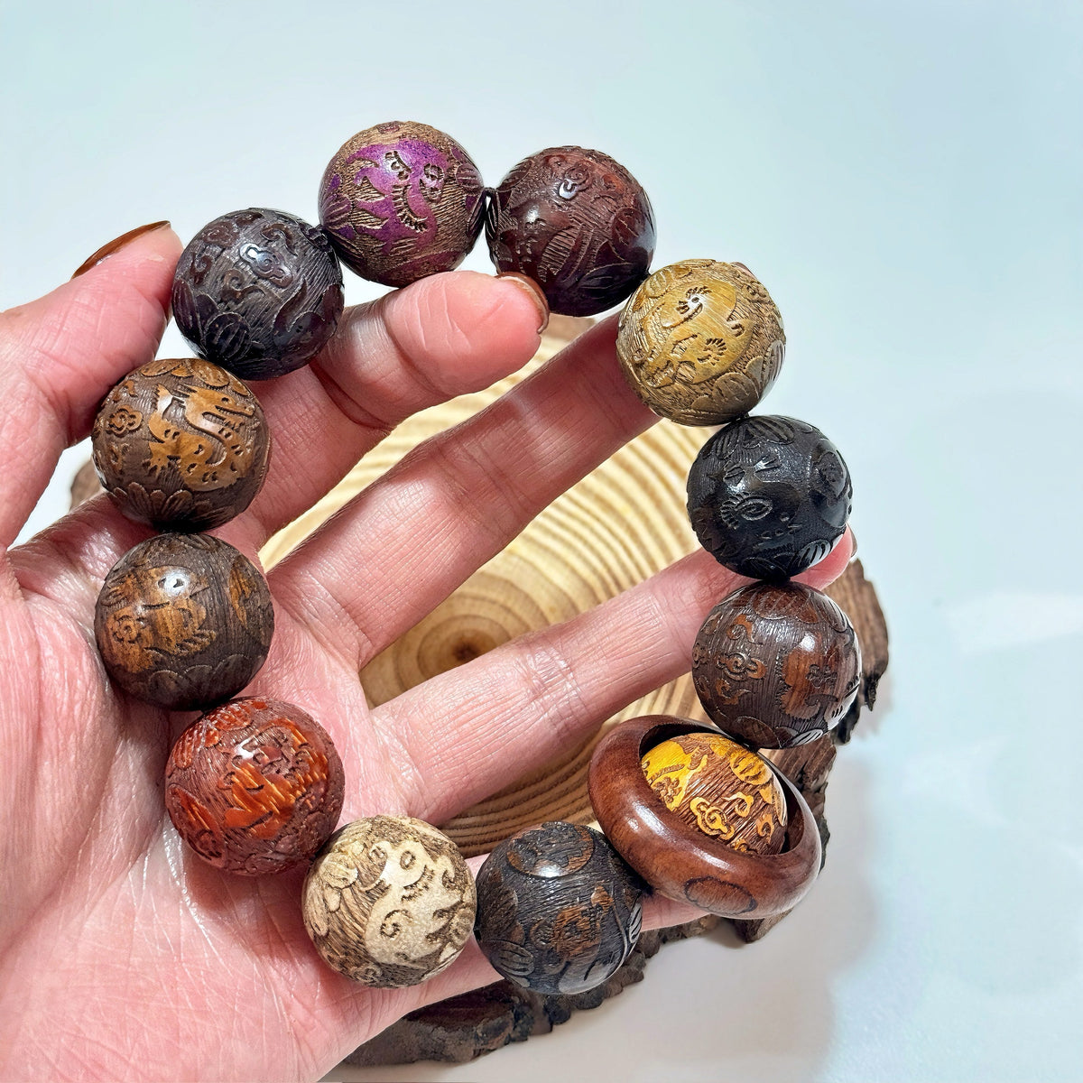 Celestial Five-Element Talisman Bracelet | Zodiac Carved Sandalwood