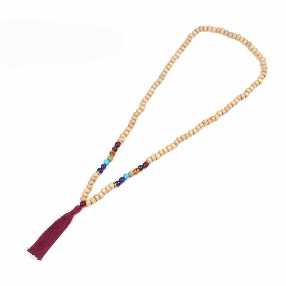 Chakra Wooden Bead Mala Necklace with Tassel - EclipticJew