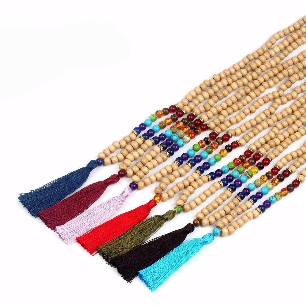 Chakra Wooden Bead Mala Necklace with Tassel - EclipticJew