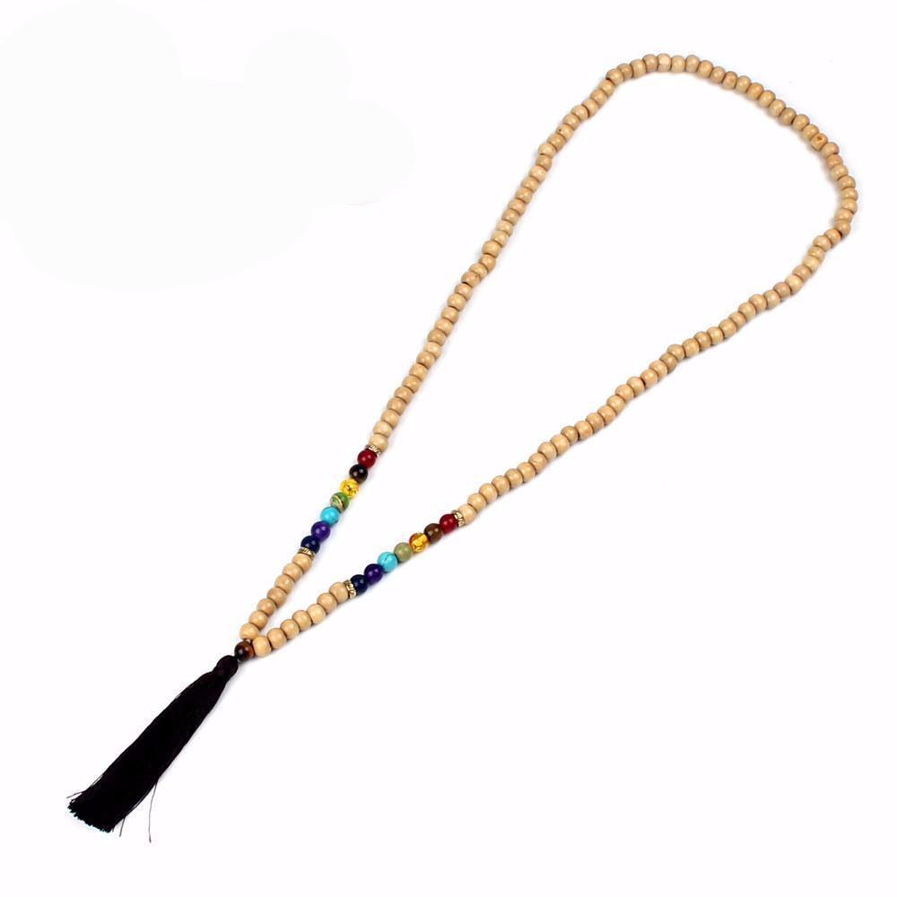 Chakra Wooden Bead Mala Necklace with Tassel - EclipticJew