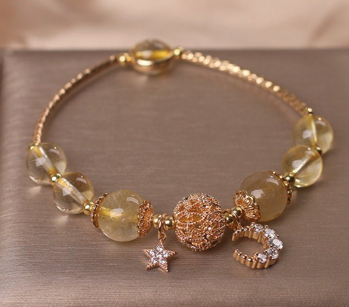 Citrine Quartz Gold Bracelet with Moon & Star Charm - EclipticJew