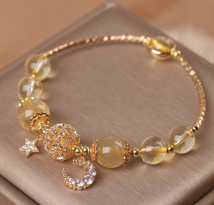 Citrine Quartz Gold Bracelet with Moon & Star Charm - EclipticJew