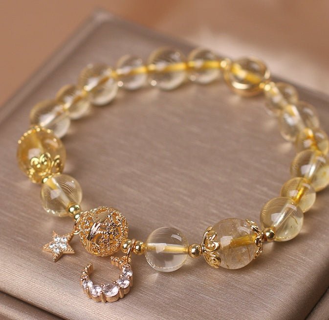 Citrine Quartz Gold Bracelet with Moon & Star Charm - EclipticJew