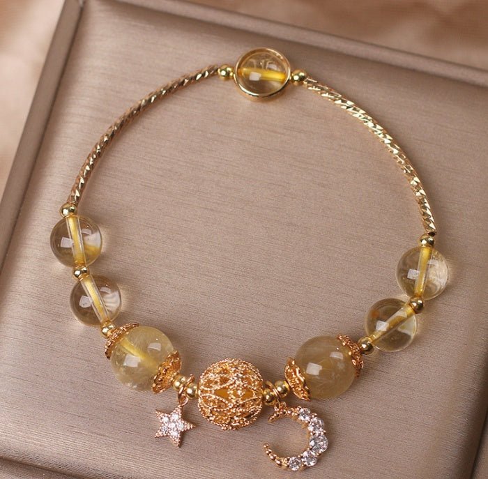 Citrine Quartz Gold Bracelet with Moon & Star Charm - EclipticJew