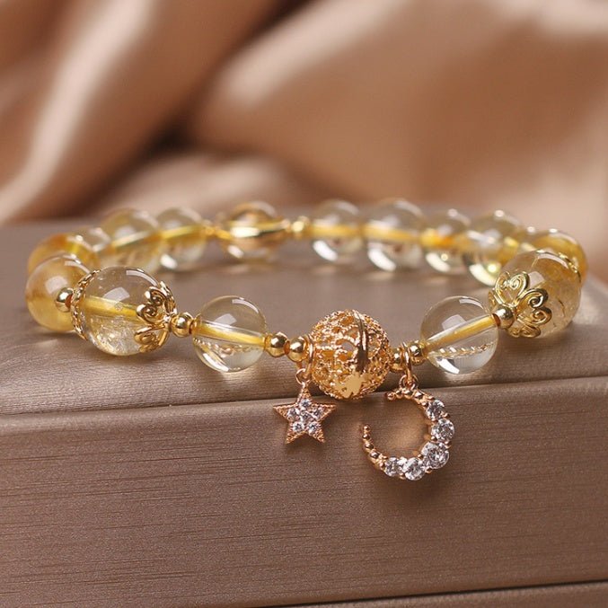Citrine Quartz Gold Bracelet with Moon & Star Charm - EclipticJew