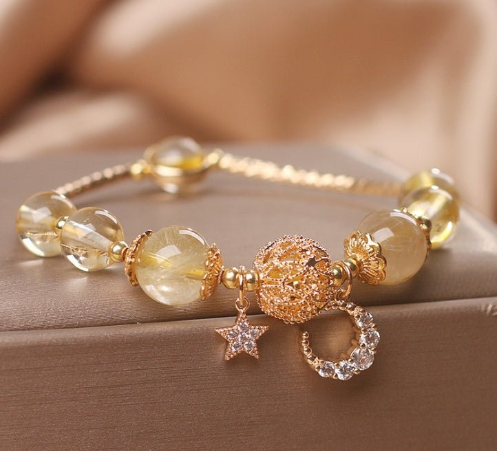 Citrine Quartz Gold Bracelet with Moon & Star Charm - EclipticJew