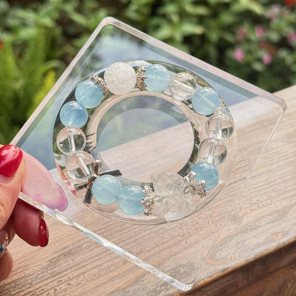 Cute Aquamarine & Clear Quartz Bear Bracelet | Carved Crystal Teddy Charm with Silver Bow | Preppy Dainty Coquette Jewelry