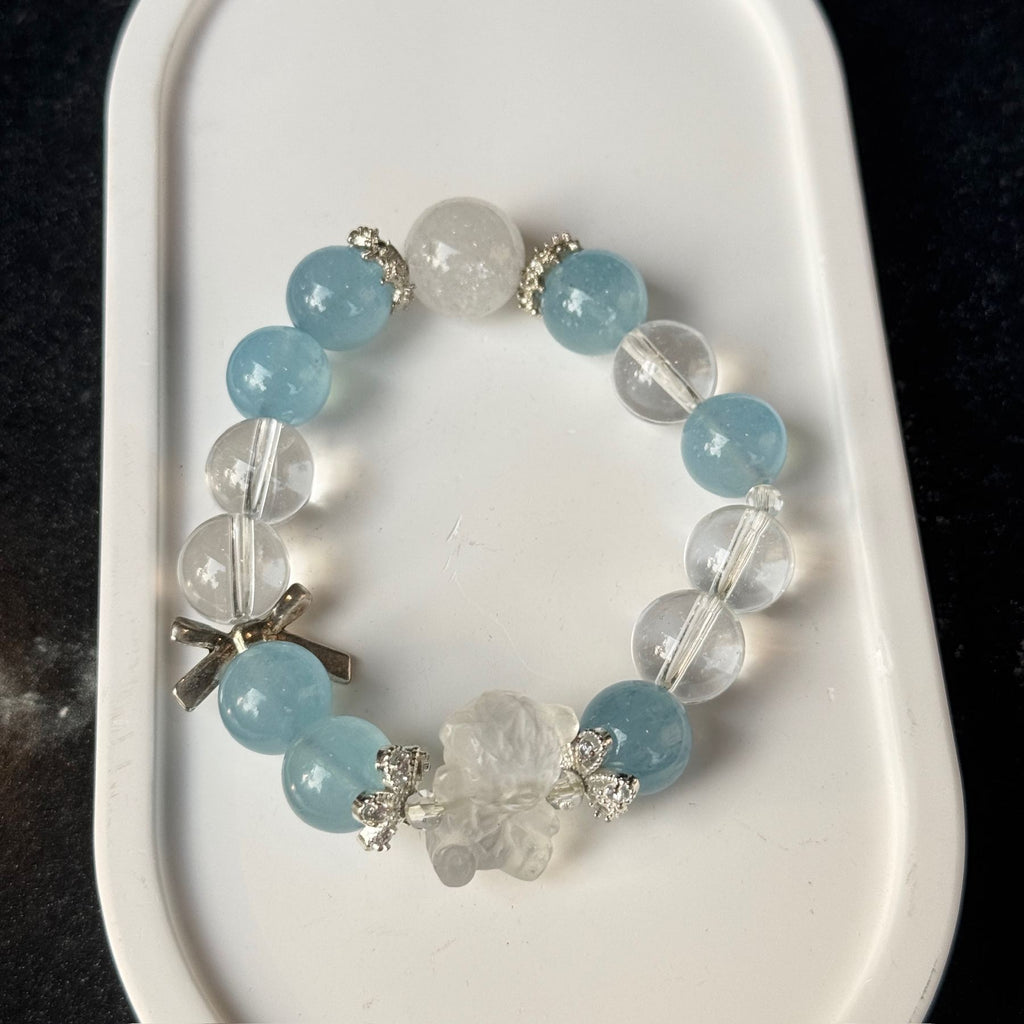 Cute Aquamarine & Clear Quartz Bear Bracelet | Carved Crystal Teddy Charm with Silver Bow | Preppy Dainty Coquette Jewelry