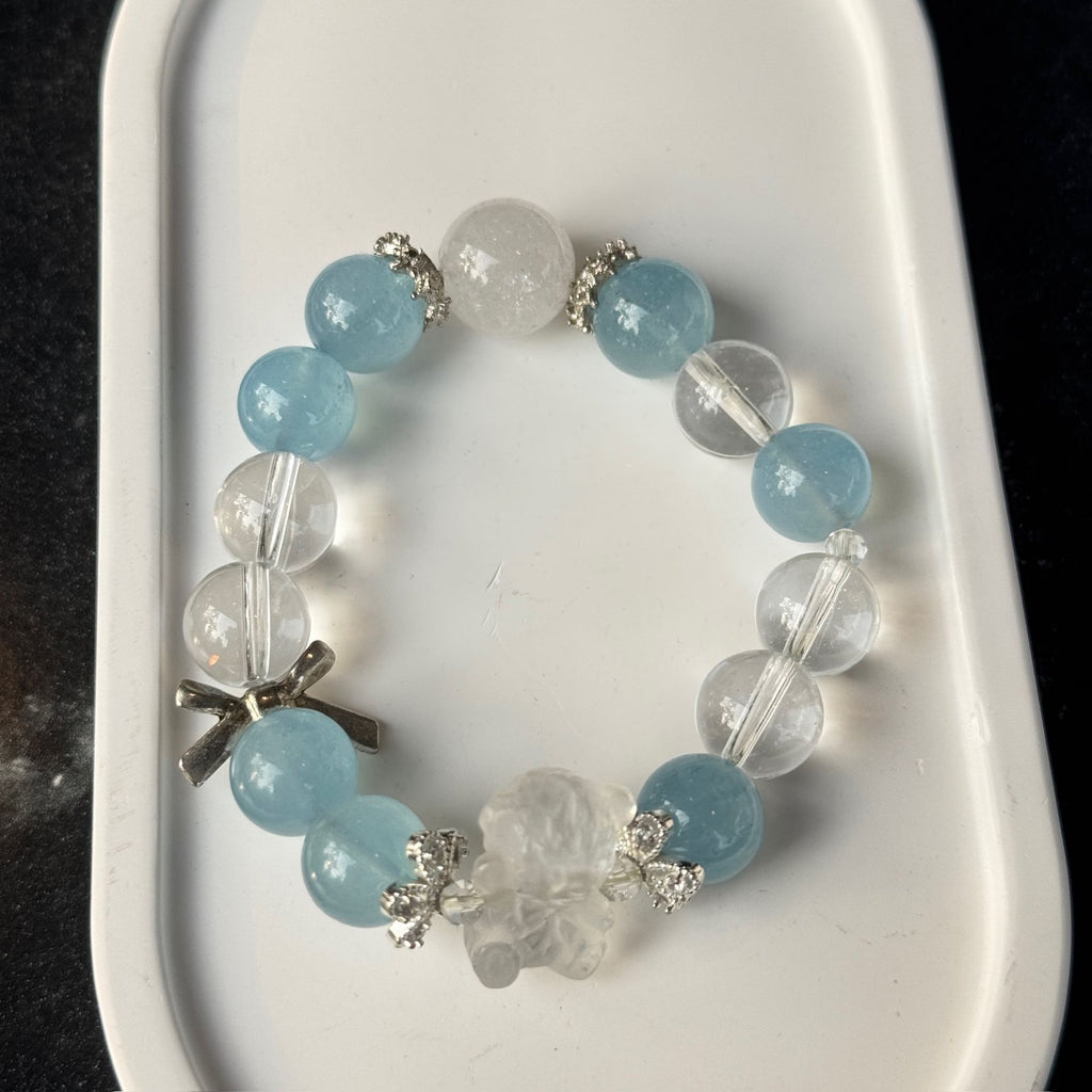 Cute Aquamarine & Clear Quartz Bear Bracelet | Carved Crystal Teddy Charm with Silver Bow | Preppy Dainty Coquette Jewelry